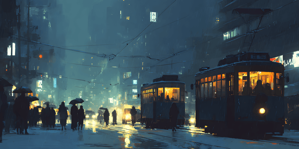 Tram on a rainy night