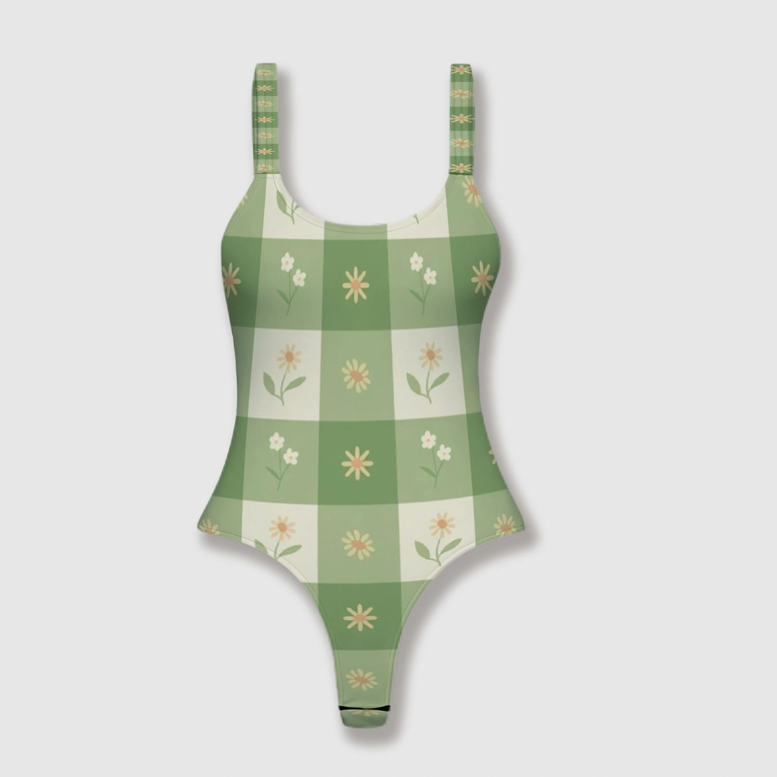 Green Gingham Floral Thong One Piece Bodysuit for Women Summer Beach