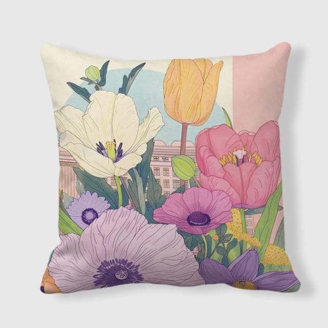 Custom Floral Cityscape Double-Sided Satin Pillow