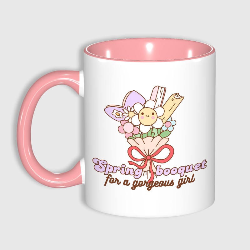 Cute Spring Book Bouquet 11oz Pink Mug for Her Birthday Gift