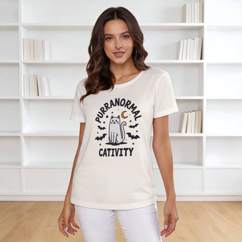 Ghost Cat Funny Halloween Tee for Cat Lovers Casual Wear