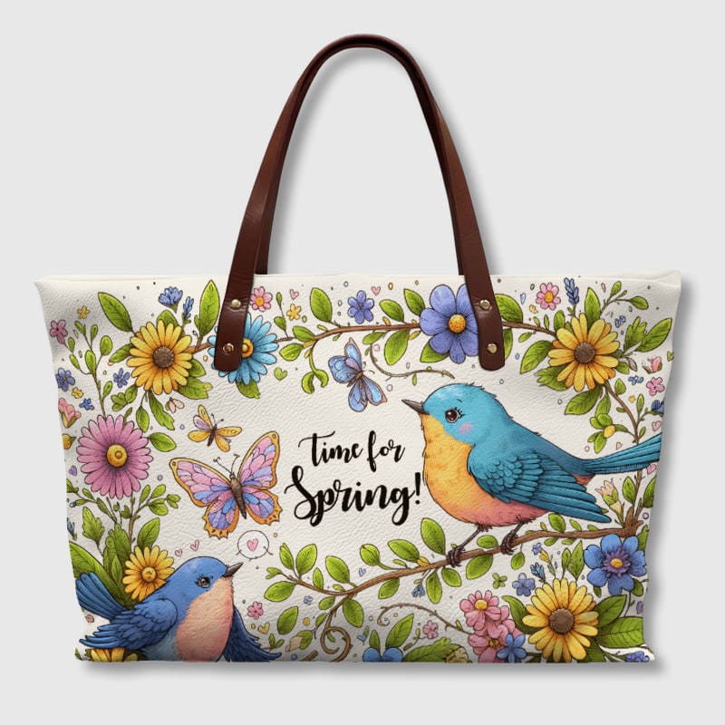 Spring Bluebird PU Leather Tote Bag for Women Gift