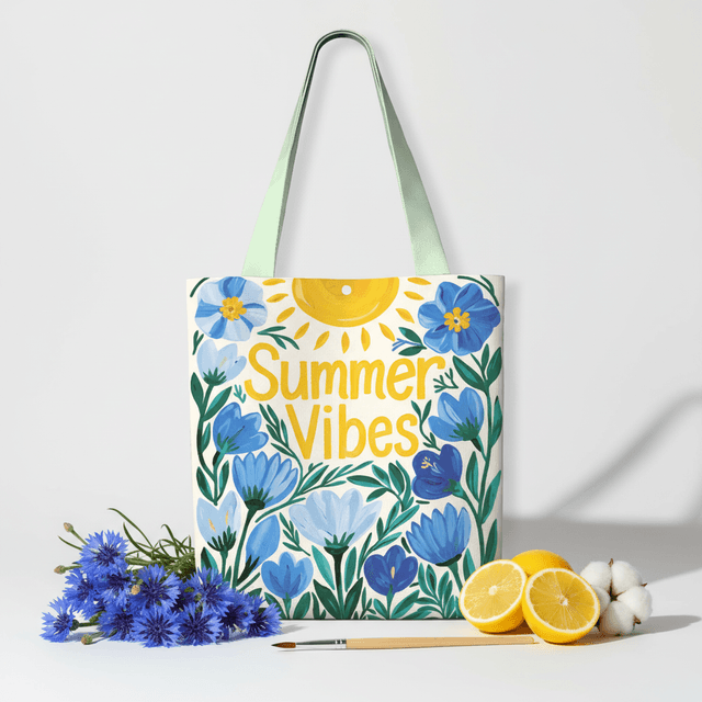 Summer Vibes Blue Floral Canvas Tote Bag, Cute Reusable Bag for Beach, Travel & Gifting