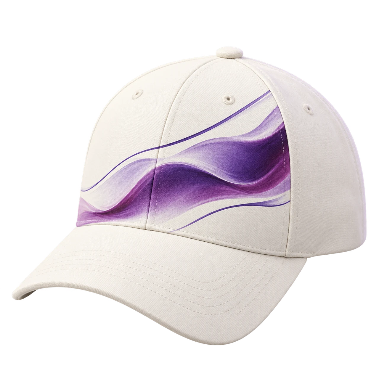 Cotton cap with the violet artwork printed across its front panels.