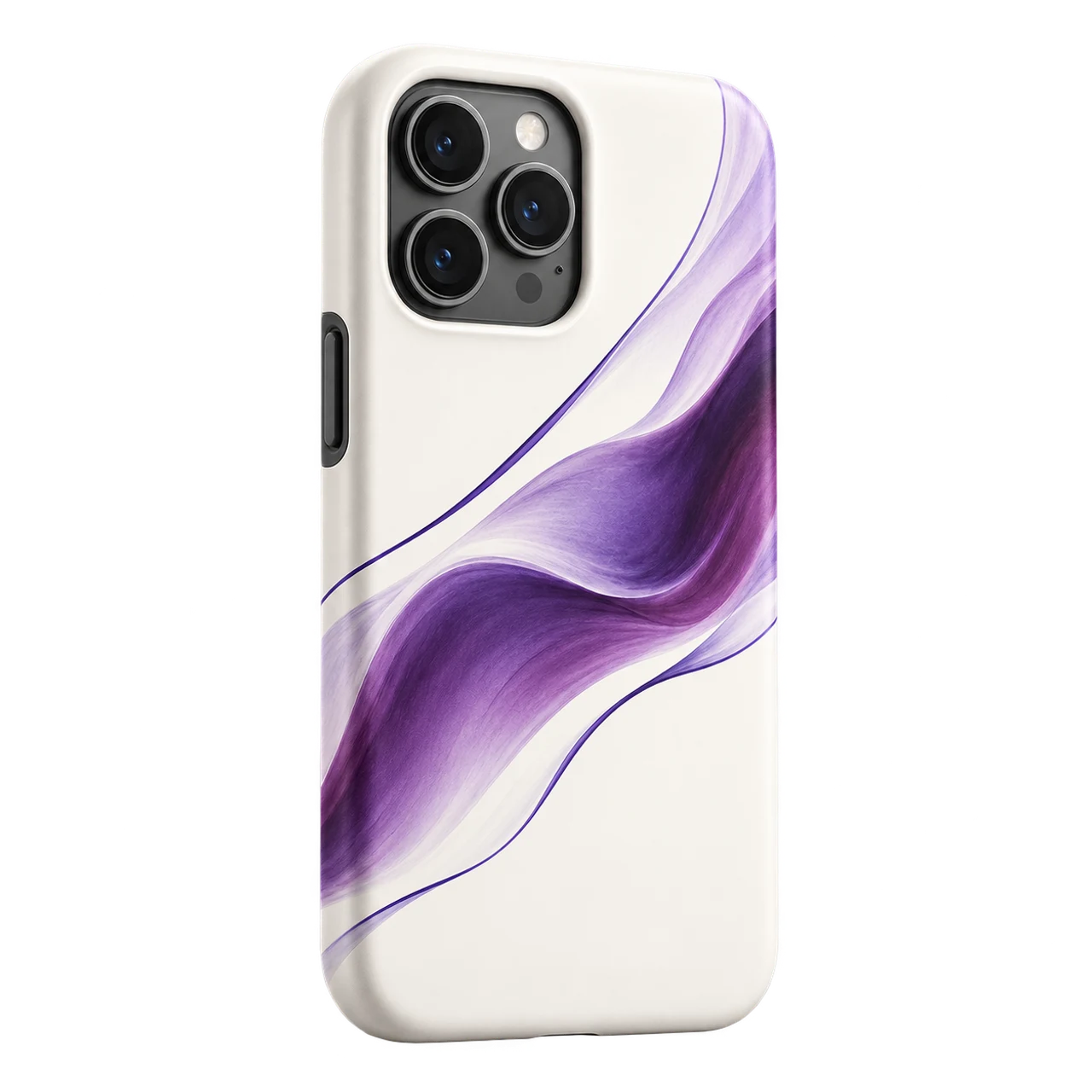 Protective phone case with the same violet flowing artwork on its back.