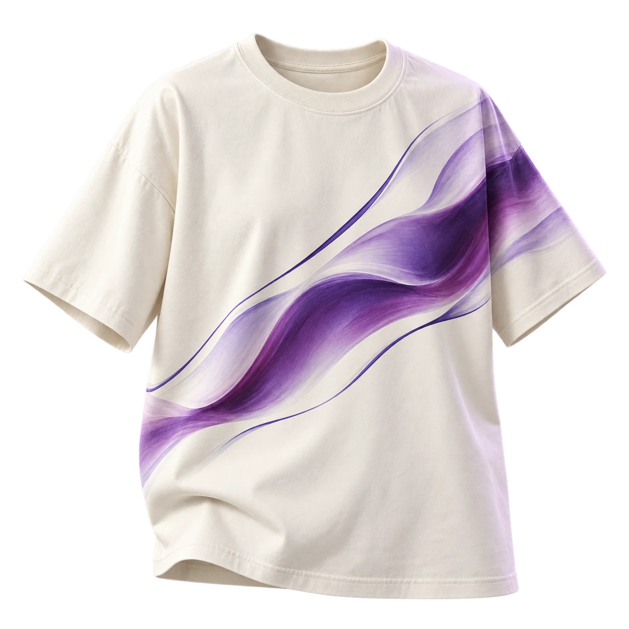 Off-white cotton T-shirt carrying the same violet flowing artwork.
