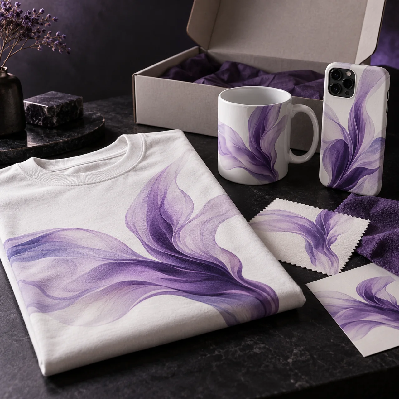 Violet artwork shared across a T-shirt, mug, phone case and material samples on a product-development workbench.