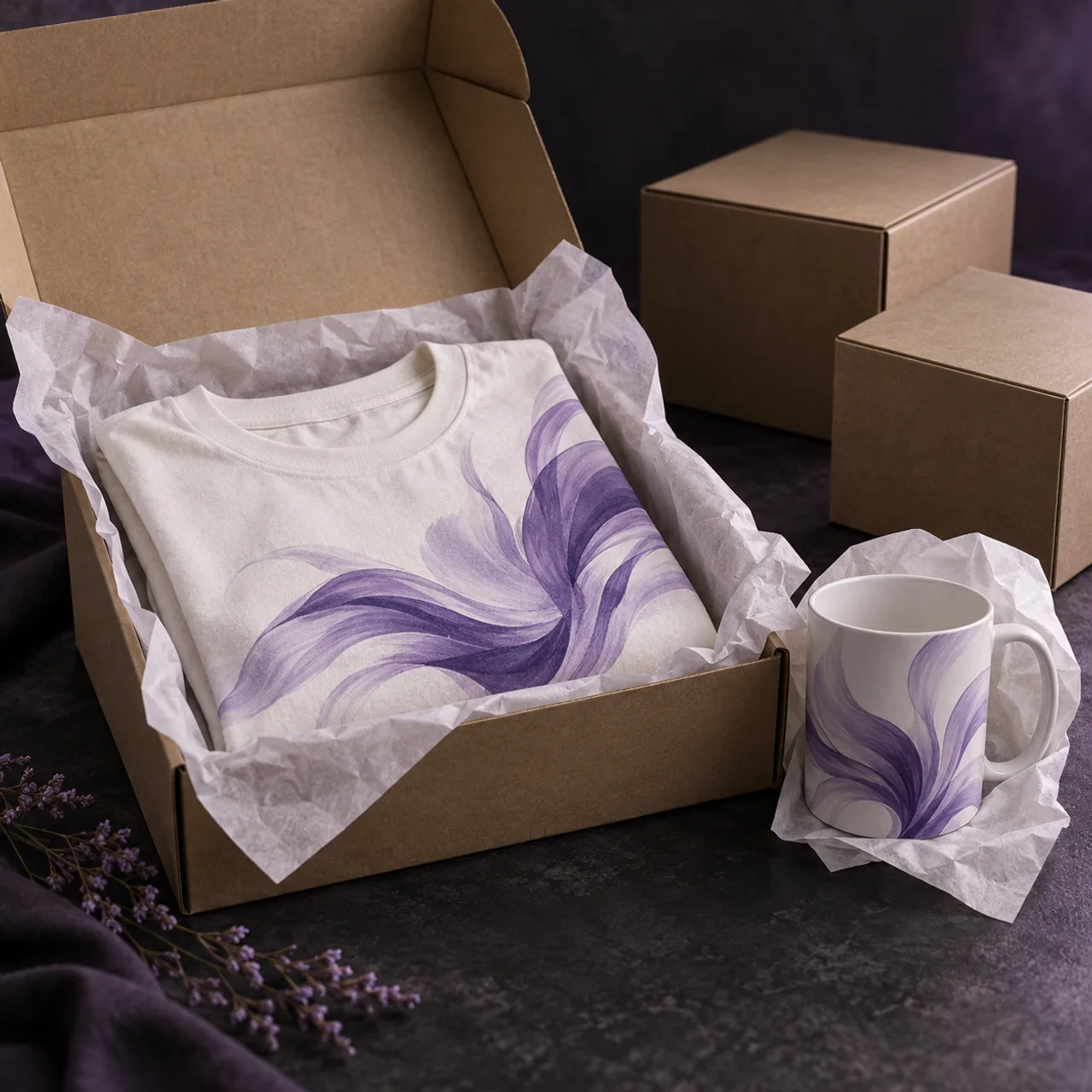 A personalized T-shirt and mug with coordinated violet artwork, arranged with tissue paper and protective shipping boxes.