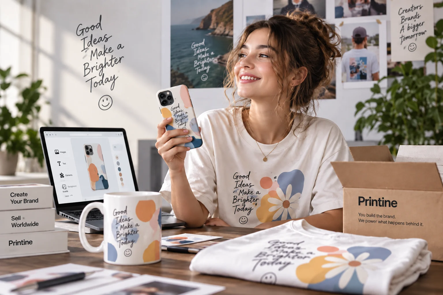 A creator with a coordinated personalized phone case, T-shirt and mug, beside her design workspace and packaging.